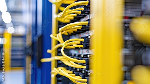 yellow network cables connected to an industrial switch in the data center, symbolizing connectivity and technology.