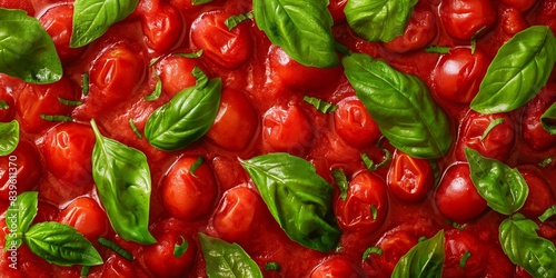A vibrant medley of ripe cherry tomatoes and fresh basil, bursting with health and flavor. photo
