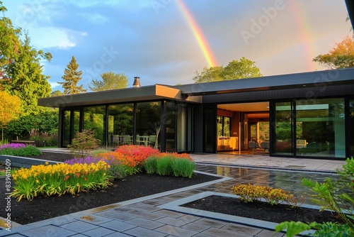 Modern suburban home with a beautiful lawn and garden, featuring a bright rainbow against a spring sky.