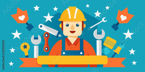 Cheerful cartoon construction worker with tools and labor day iconography. An ideal banner for labor day promotions, celebrating the contributions of employees and builders in the workforce