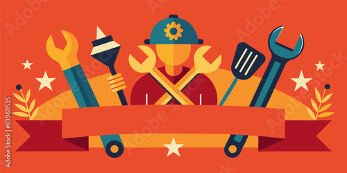 Colorful vector illustration of a worker in hard hat surrounded by tools and a banner, symbolizing the celebration of labor day and the appreciation of employees in the labor force