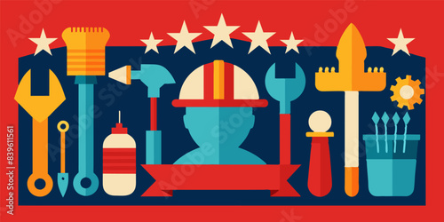Colorful vector illustration of a worker in hard hat surrounded by tools and a banner, symbolizing the celebration of labor day and the appreciation of employees in the labor force