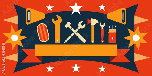 Vibrant labor day themed graphic featuring stylized icons of tools and a builder's helmet with a blank banner, set against a striking red backdrop with decorative elements