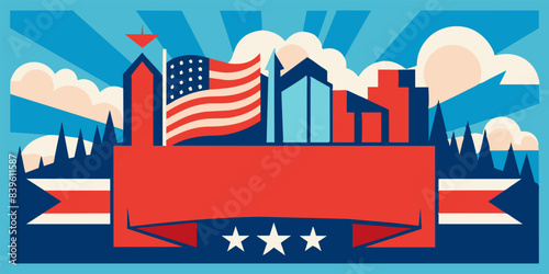 Illustrative banner depicting a worker in front of an industrial cityscape with an american flag, celebrating labor day and honoring the contributions of employees and builders