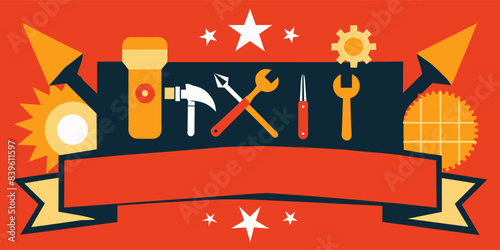 Vibrant labor day themed graphic featuring stylized icons of tools and a builder's helmet with a blank banner, set against a striking red backdrop with decorative elements