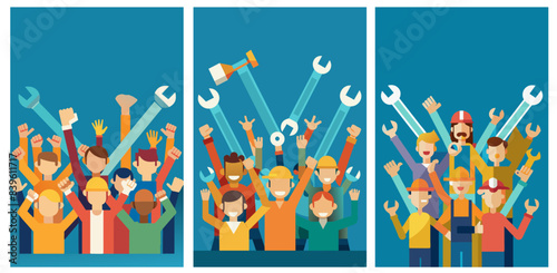 Vibrant set of three posters celebrating labor day. Featuring illustrations of diverse workers. Builders. And employees raising tools and hands in unity and strength. Against a stylized background