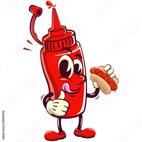 vector vintage illustration of cute ketchup bottle mascot character with hotdog, work of hand drawn