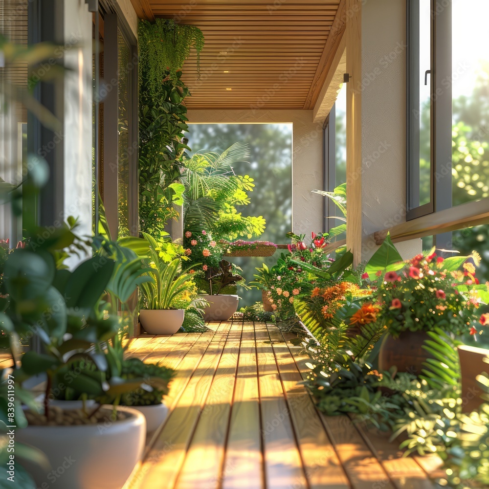 A wooden deck with a lush green plant and flower garden