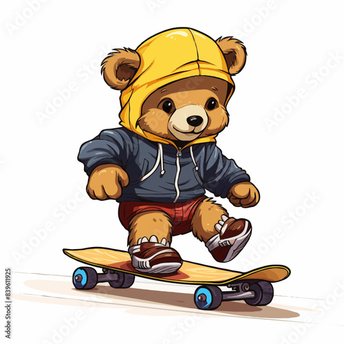 Funny charming illustration of a teddy bear on a skateboard. Print on clothes or postcards.