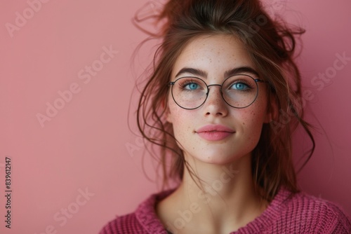 Woman in glasses and pink sweater posing