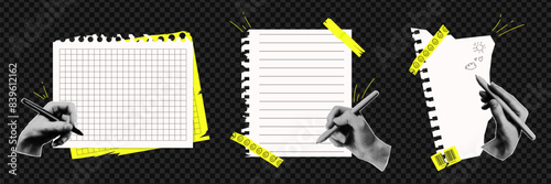 Set of torn sheets of paper with scotch tape and halftone hands with pen. Contemporary collage for design template.