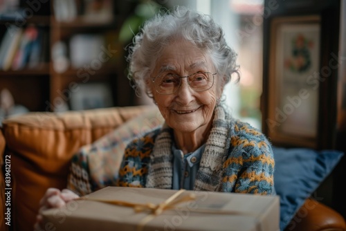 Senior lady smiling, holding box with gold-wrapped gift