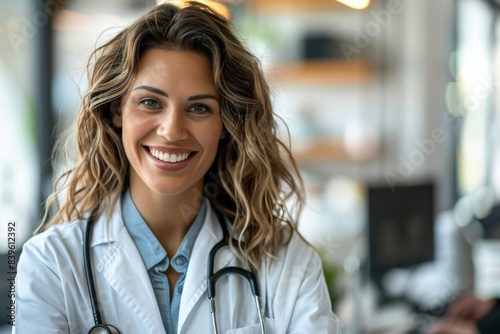 Happy woman physician with stethoscope in clinic