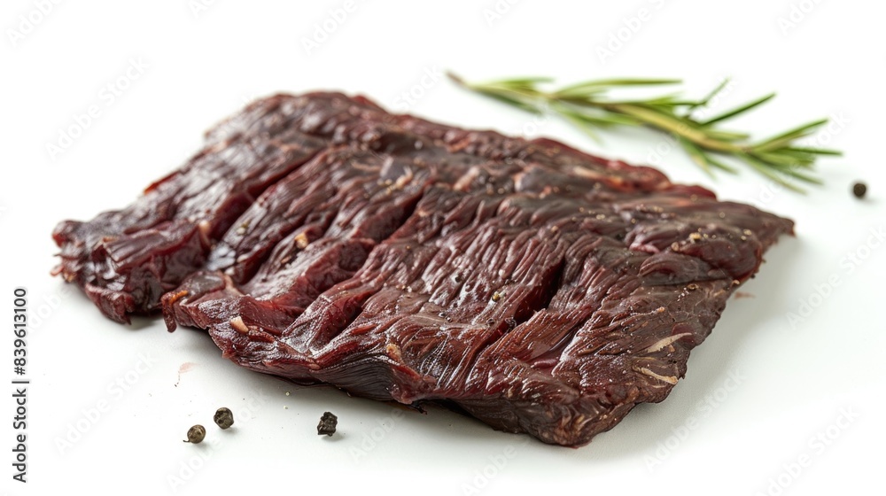 Succulent Marbled Flank Steak on White Background - High Detail Realism Photography of Tender and Juicy Meat Cut Succulent Marbled Flank Steak on White Background - High Detail Realism Photography of Tender and Juicy Meat Cut