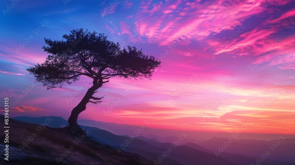 A lone tree silhouetted against a colorful mountain sunset, its branches reaching skyward in silent reverence of nature's majesty A lone tree silhouetted against a colorful mountain sunset, its branches reaching skyward in silent reverence of nature's majesty