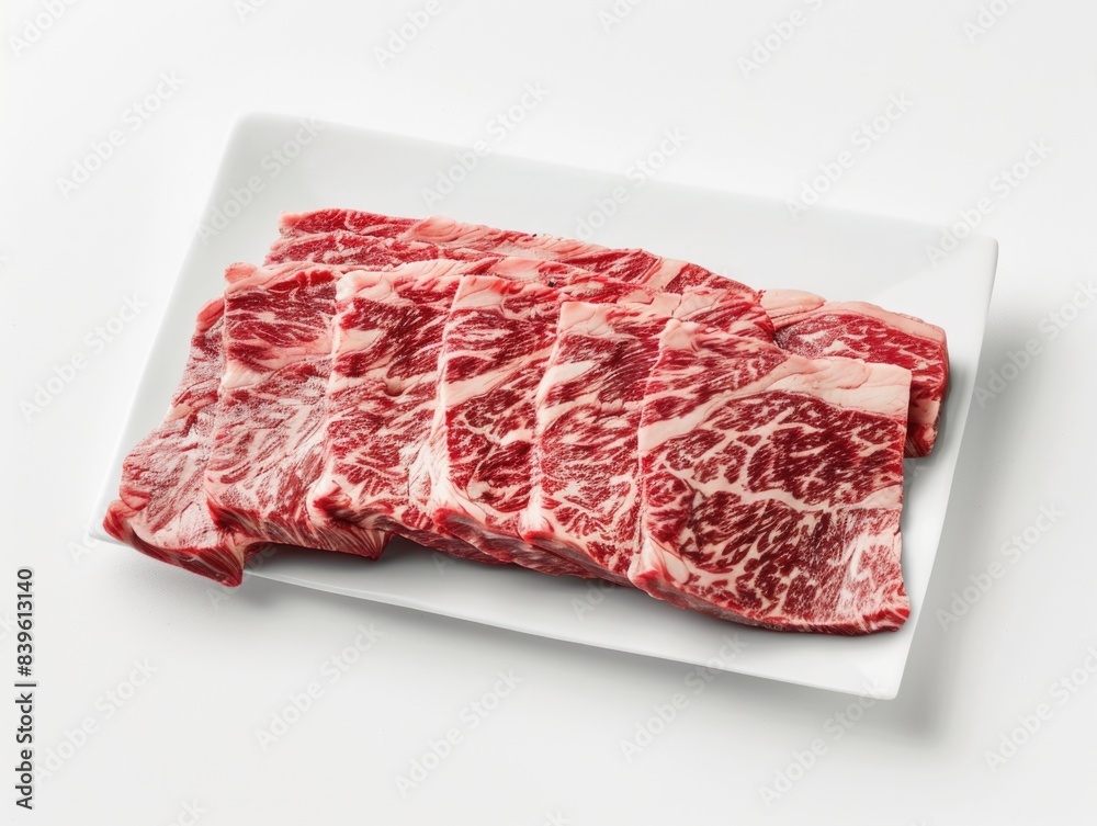 Succulent Marbled Beef Slice: Realistic High-Contrast Food Photography on White Background.