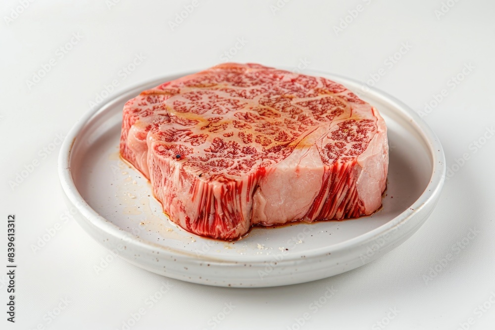 Succulent Raw Steak with Intricate Marbling on White Background - High Detail Realism Photography Capturing Rich Flavor