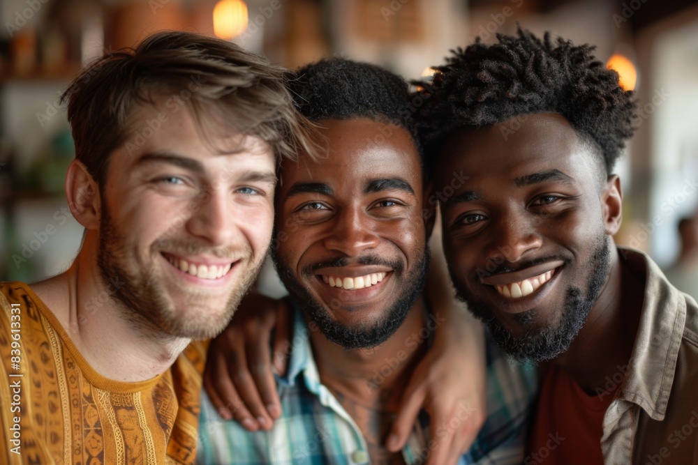 Three males smiling and posing for photo Three males smiling and posing for photo