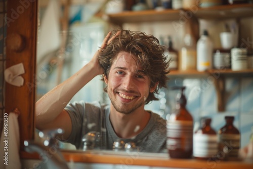 Man viewing reflection with hair in mirror photo