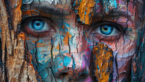Abstract colorful Portrait of Human face on wood bark. Bold Brush. Generative AI