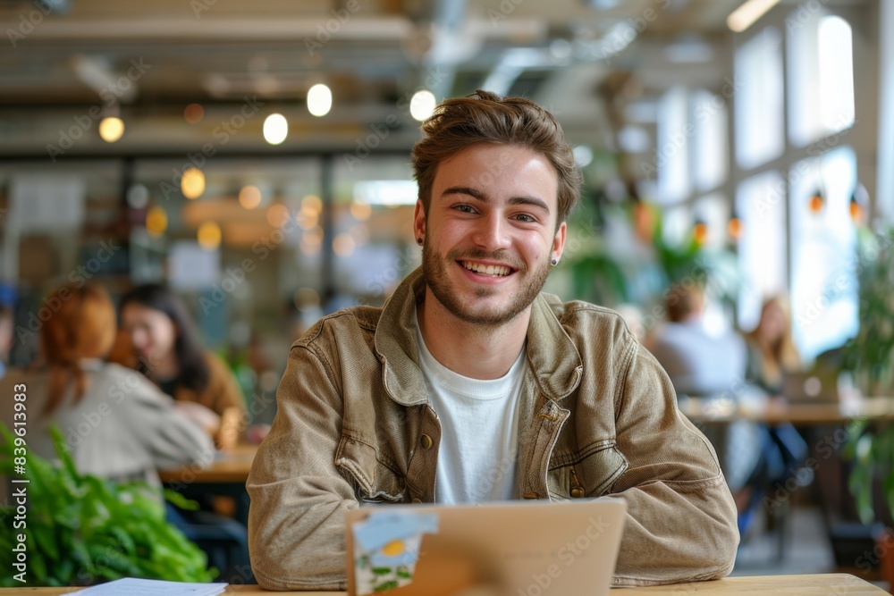 Man smiles at laptop