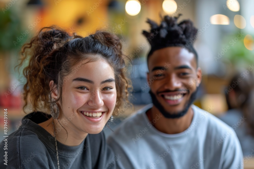 Young couple smiling at table with food Young couple smiling at table with food
