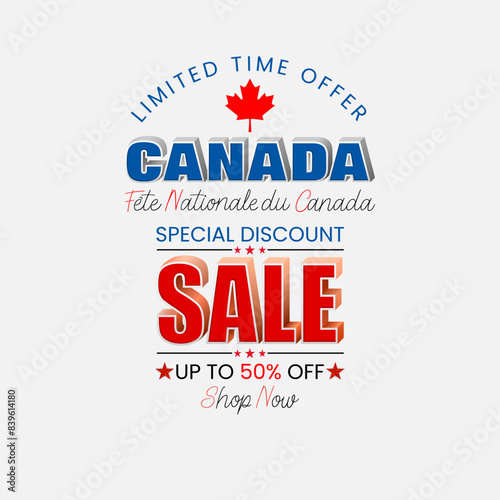 Fête nationale du Canada=National Day of Canada
Holiday design, background with 3D and handwriting texts, maple leaf for Canada National day, sales and commercial events; Vector illustration.