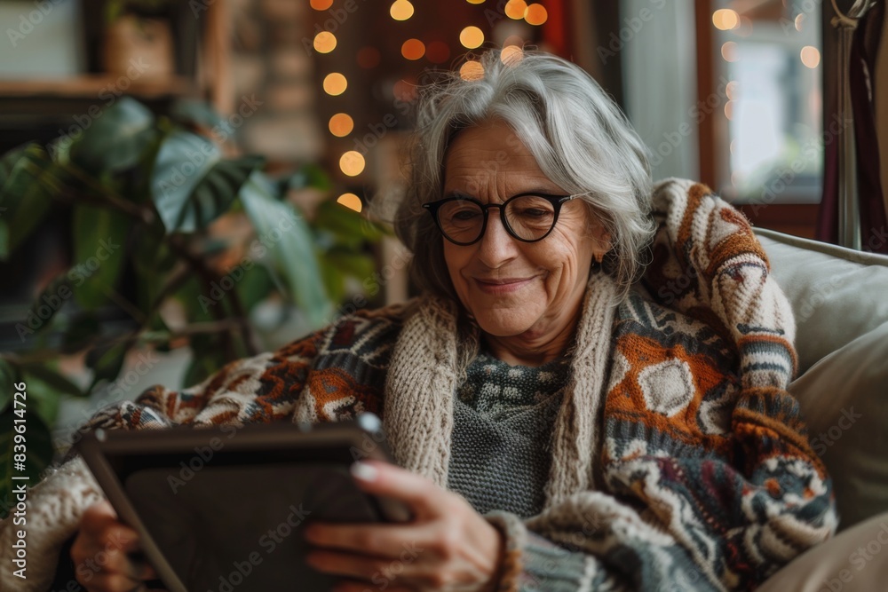 Obraz premium Elderly woman on couch with tablet