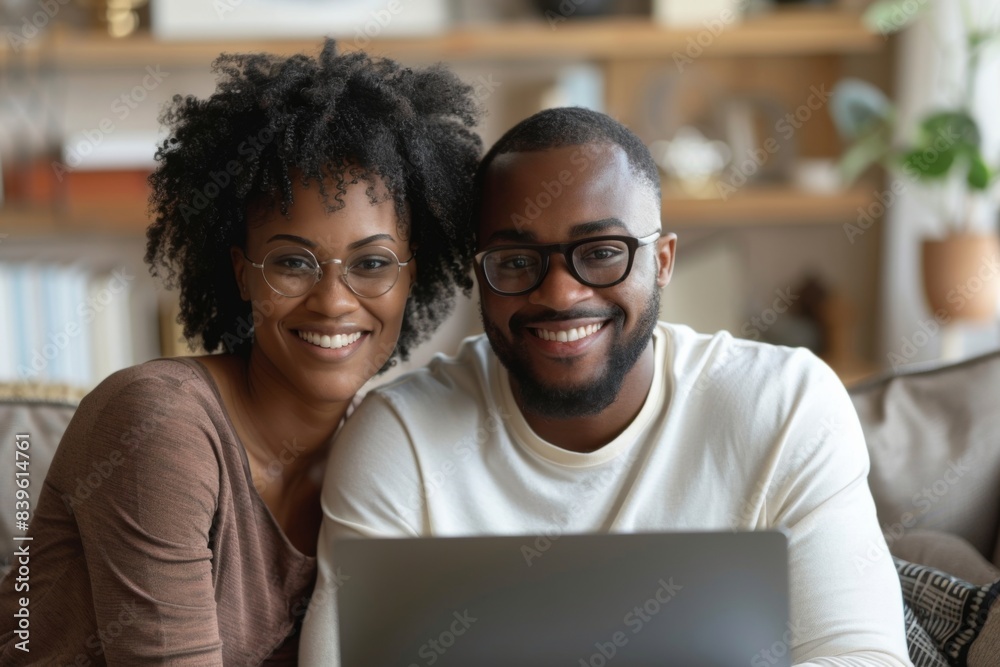 Cheerful couple on sofa with laptop Cheerful couple on sofa with laptop