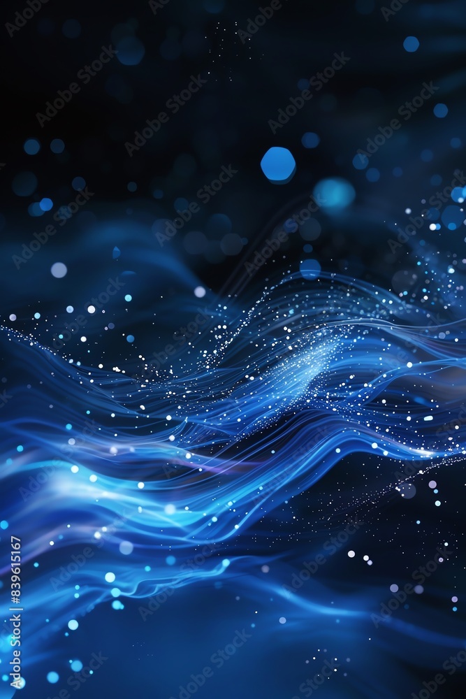 Abstract waves, soft gradients, sparkling particles, dark blue background, flowing Abstract waves, soft gradients, sparkling particles, dark blue background, flowing