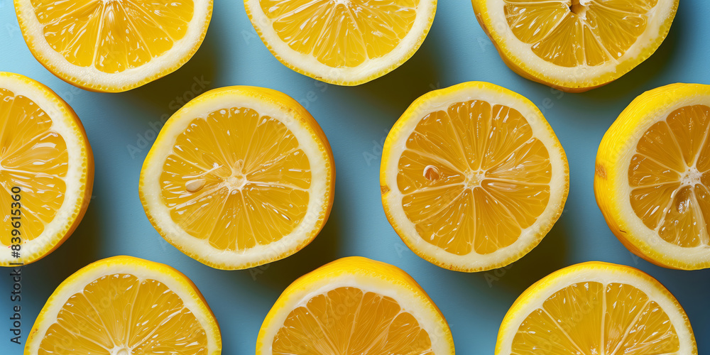 Fresh yellow lemons laying flat in an overhead view in a repeated pattern Fresh yellow lemons laying flat in an overhead view in a repeated pattern