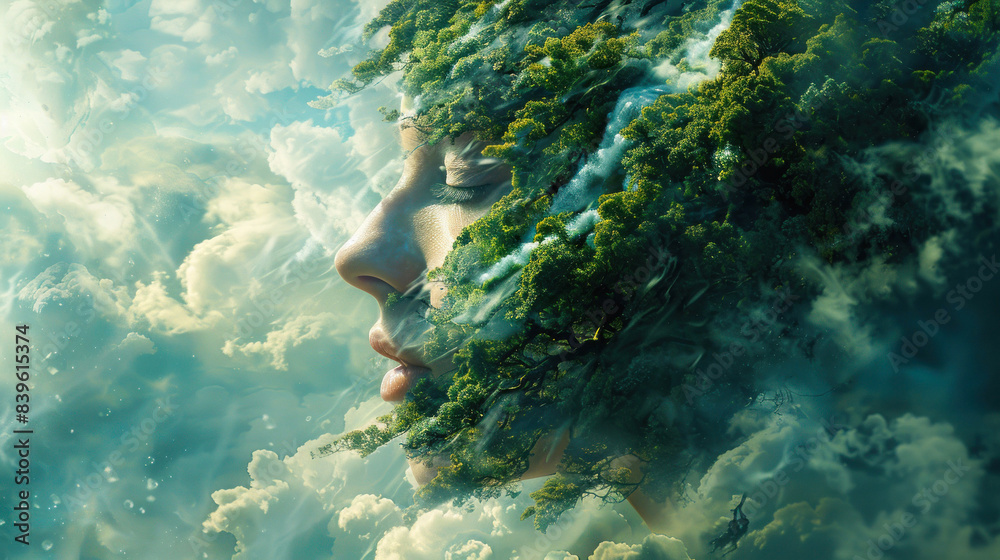 Fototapeta premium Surreal face with nature and clouds