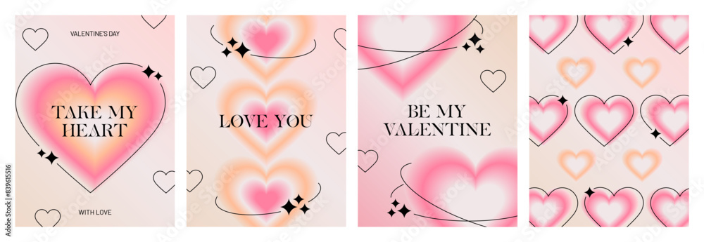 Cards set with Heart, Love, Valentine's Day. Trendy aesthetic cards with aura gradients, blurred heart shapes, elegant typography. Happy Valentine's Day. Print, poster, social media, template. Vector Cards set with Heart, Love, Valentine's Day. Trendy aesthetic cards with aura gradients, blurred heart shapes, elegant typography. Happy Valentine's Day. Print, poster, social media, template. Vector