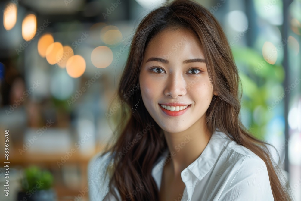 Obraz premium Happy brunette woman in cafe