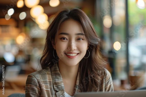 Happy woman using laptop at restaurant