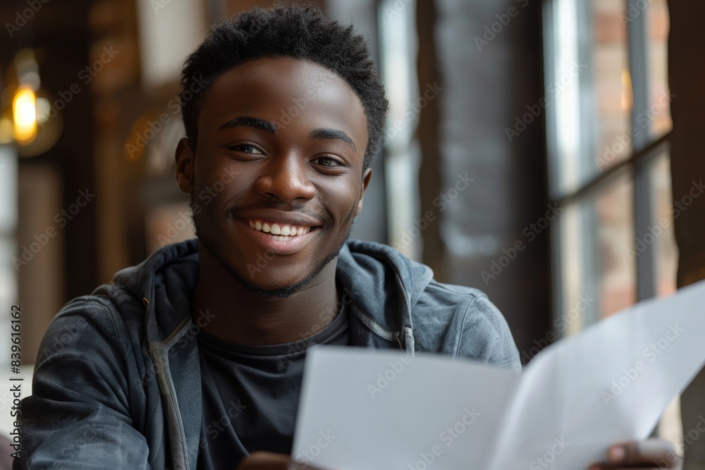 Man sitting table paper hand smiling Man sitting table paper hand smiling