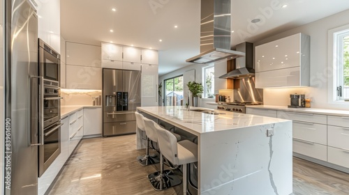 A large  modern kitchen with a white island and stainless steel appliances