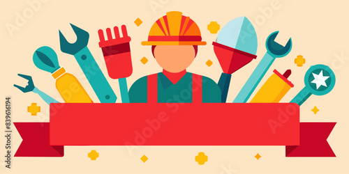 Illustration of a worker dressed in safety gear surrounded by tools, honoring the spirit of labor day behind a vibrant red banner, ideal for employee recognition and builder campaigns