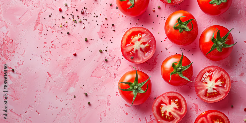 Fresh red tomatoes laying flat in an overhead view in a repeated pattern Fresh red tomatoes laying flat in an overhead view in a repeated pattern