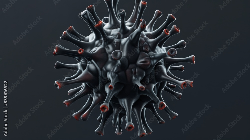 3D rendering of a virus particle with detailed structural features on a dark background.
