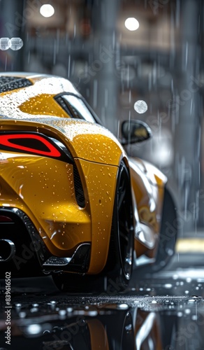 Futuristic Sport Car on the cityscape. Powerful acceleration of super cars on night tracks with colorful lights and tracks.