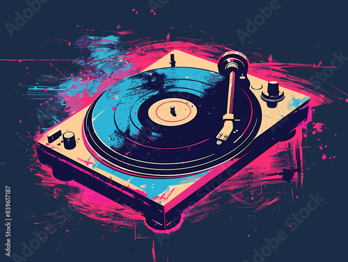 Turntable with vinyl record on grunge background, vector illustration