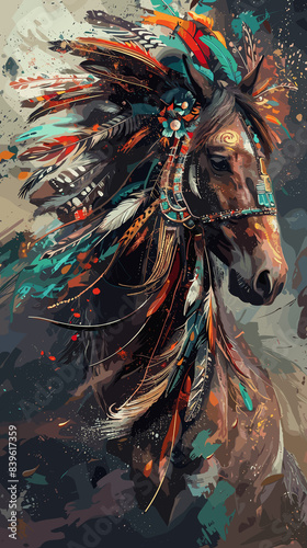 painting of a horse with a colorful headdress and feathers, horse warrior, beautiful horse, horse, digital horse, animal painting, beautiful art, oil paint style, beautiful serene horse, stunning art 