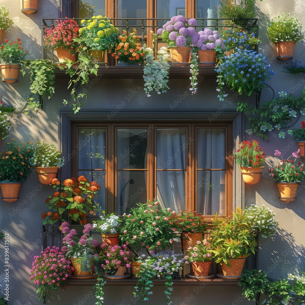 A window with a balcony full of potted plants