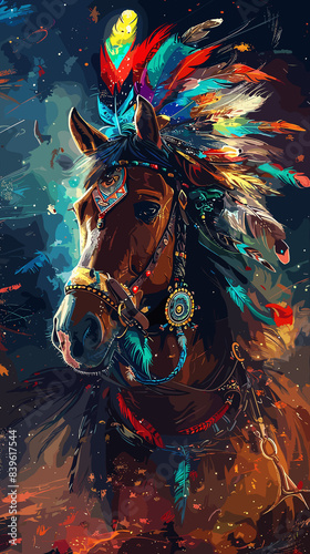 painting of a horse with a colorful headdress and feathers, horse warrior, beautiful horse, horse, digital horse, animal painting, beautiful art, oil paint style, beautiful serene horse, stunning art 