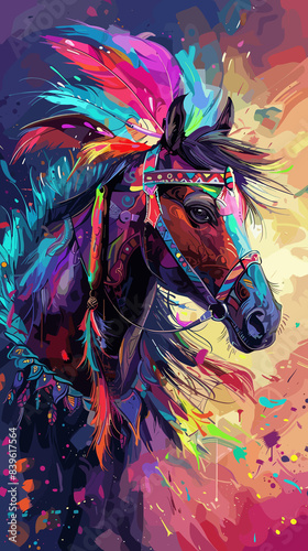 painting of a horse with a colorful headdress and feathers, horse warrior, beautiful horse, horse, digital horse, animal painting, beautiful art, oil paint style, beautiful serene horse, stunning art 