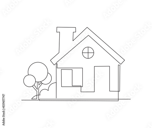 Continuous line drawing of Modern green eco modest house cityscape. Metropolis architecture panoramic landscape, Apartment buildings isolated minimalistic vector illustration. 