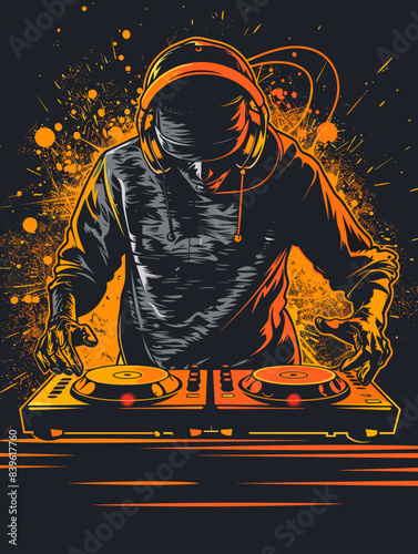 DJ playing music on turntable with grunge background vector illustration