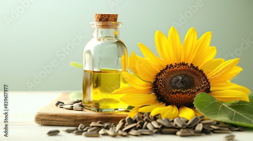 Sunflower oil in a glass bottle with sunflowers and seeds on a white background, space for text.
