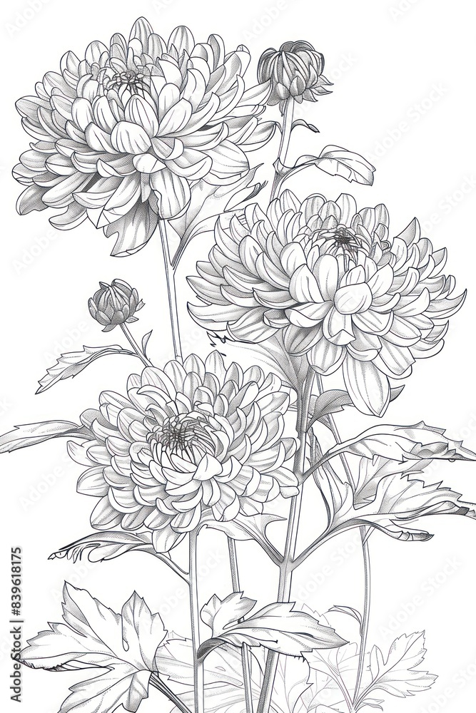 Black and white sketch of Chrysanthemum. Line drawing coloring book Black and white sketch of Chrysanthemum. Line drawing coloring book